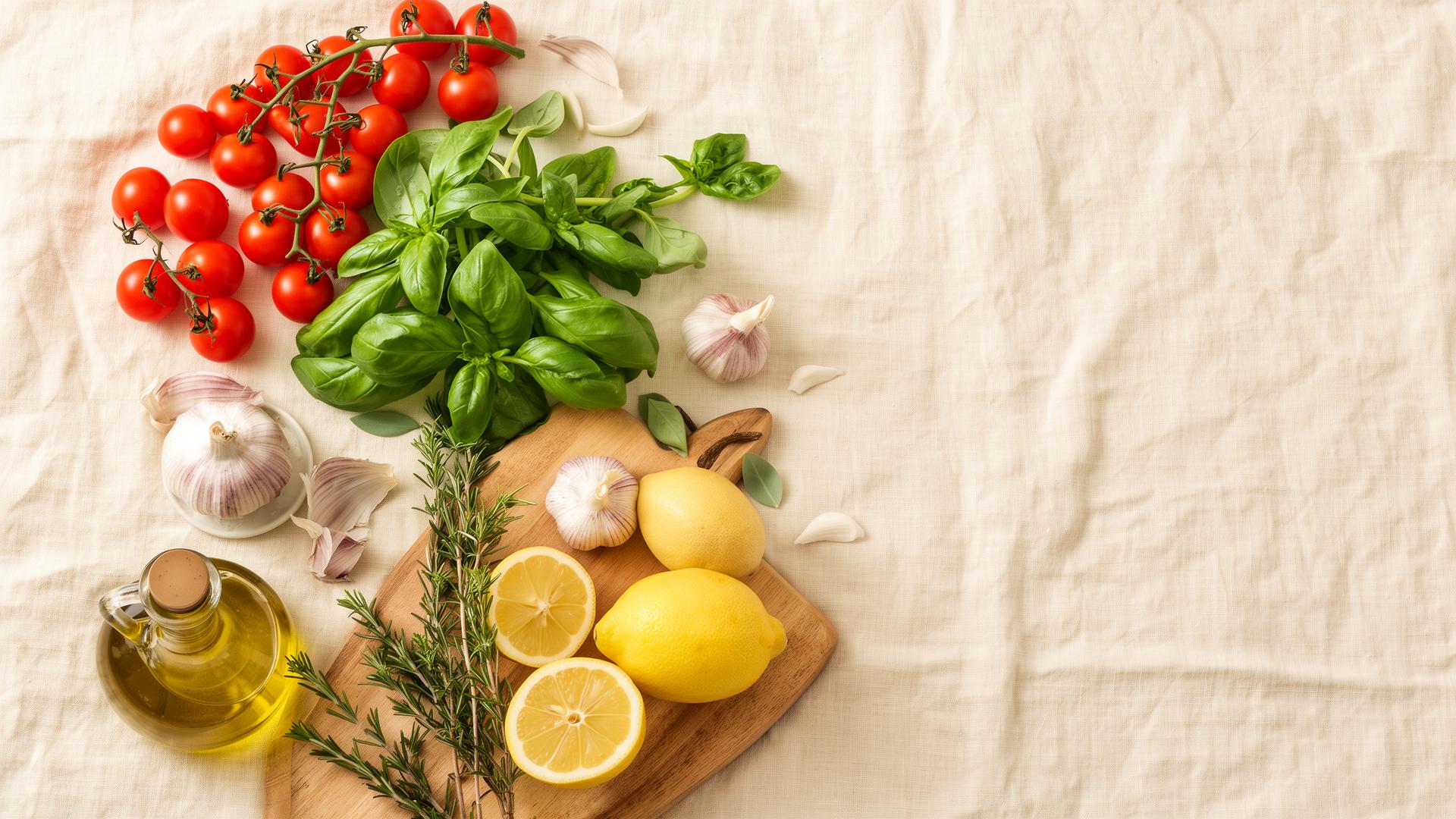 Fresh ingredients laid out on a cream linen surface